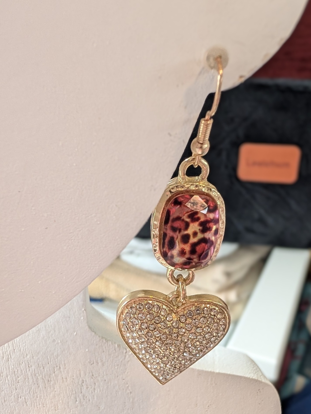 Gold Tone Crystal Heart Drop Earrings with Pink Leopard Stone